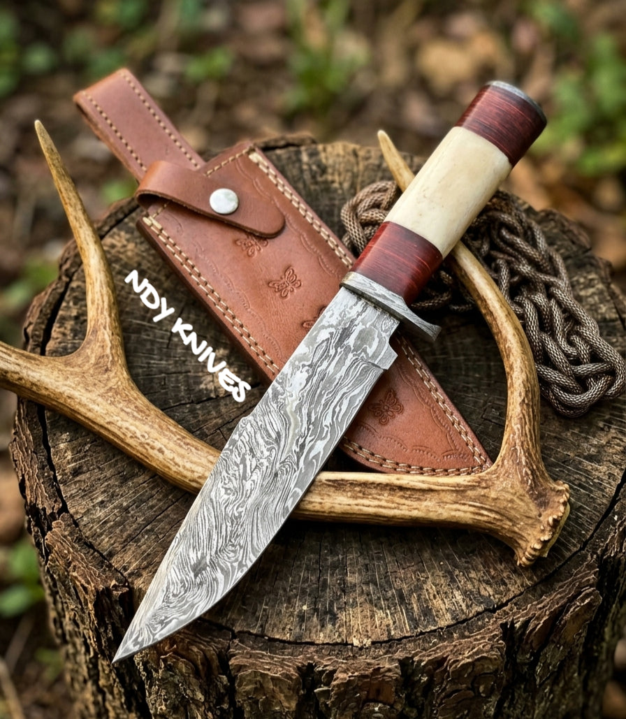 13" Damascus Steel Bowie Knife with Camel Bone & Stacked Leather Handle
