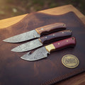 Damascus Gut Hook and Cowboy Knife Set with Wood Handles