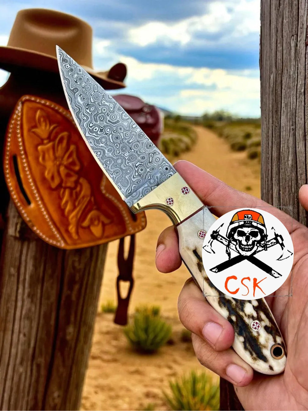 Antler handle Buckaroo cowboy knife by cskforged, EDC fixed blade with a rugged antler grip and sturdy metal blade.