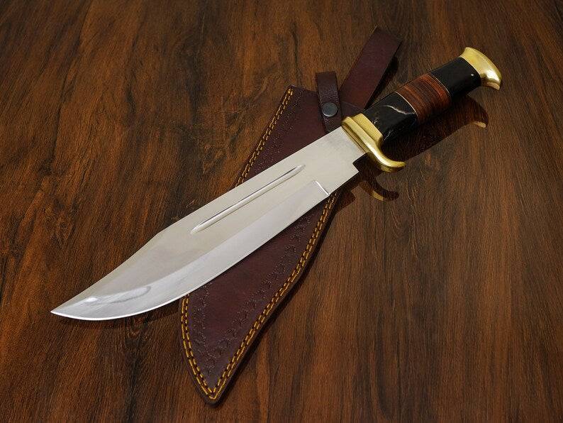 Premium 16-inch Crocodile Dundee Bowie Knife by Knives Gear Garage with buffalo horn handle, brass guard, leather sheath.