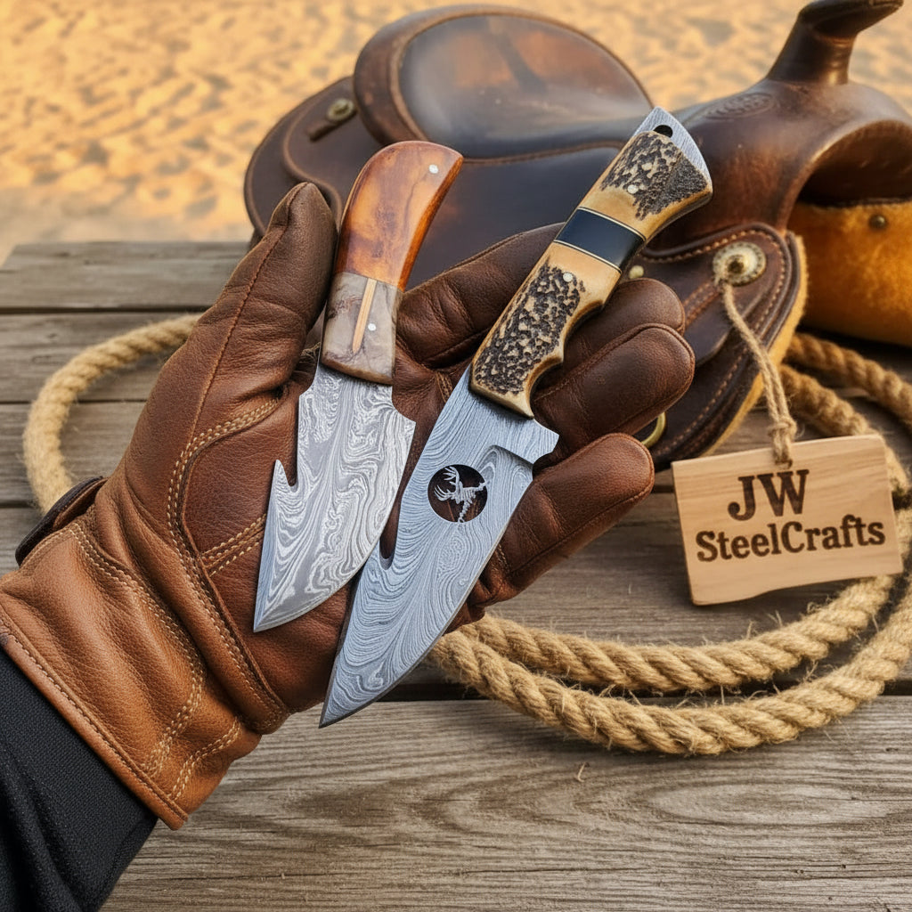 Fielddraw Gut Hook Knife 8" Handmade Damascus Stag Bone Handle