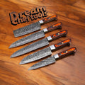 Set of Knives Gear Garage chef knives with Damascus steel blades, Pakkawood handles, and leather roll kit for professional kitchen use.
