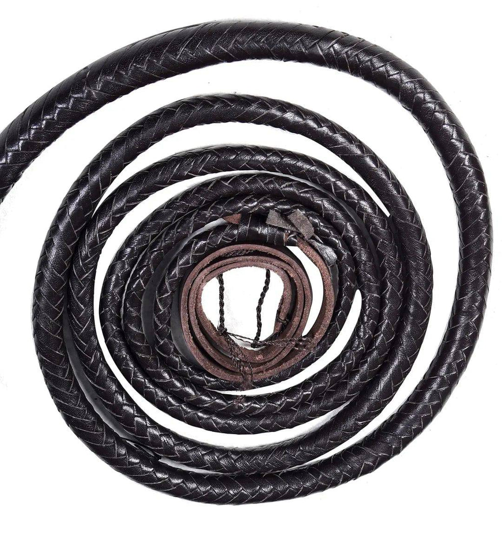 Black leather bullwhip from Knives Gear Garage, handcrafted cowhide whip in 4 to 16 feet length, showing detailed leather strands.