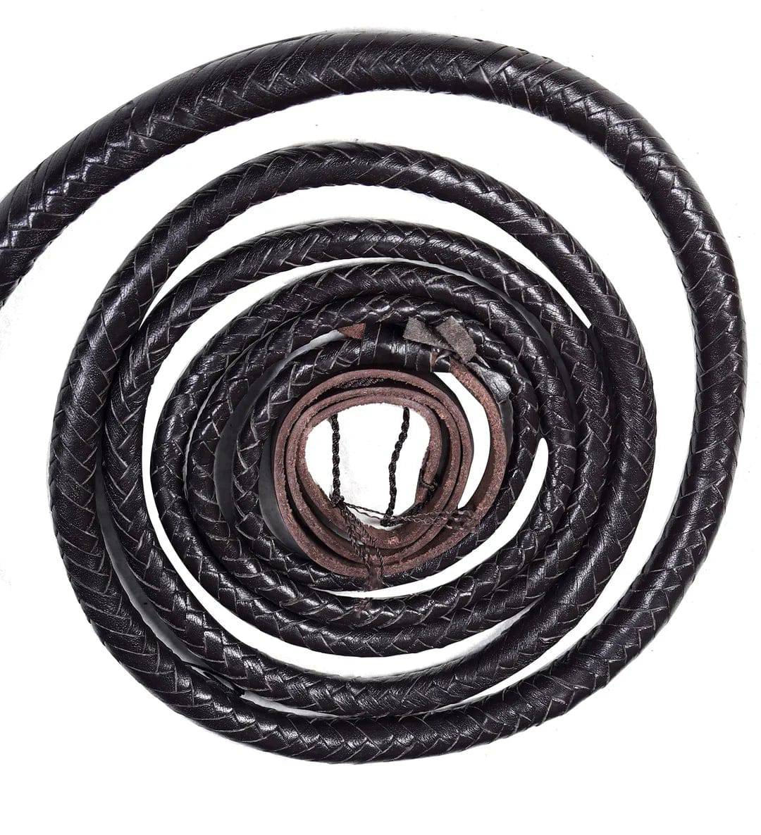 Black leather bullwhip from Knives Gear Garage, handcrafted cowhide whip in 4 to 16 feet length, showing detailed leather strands.