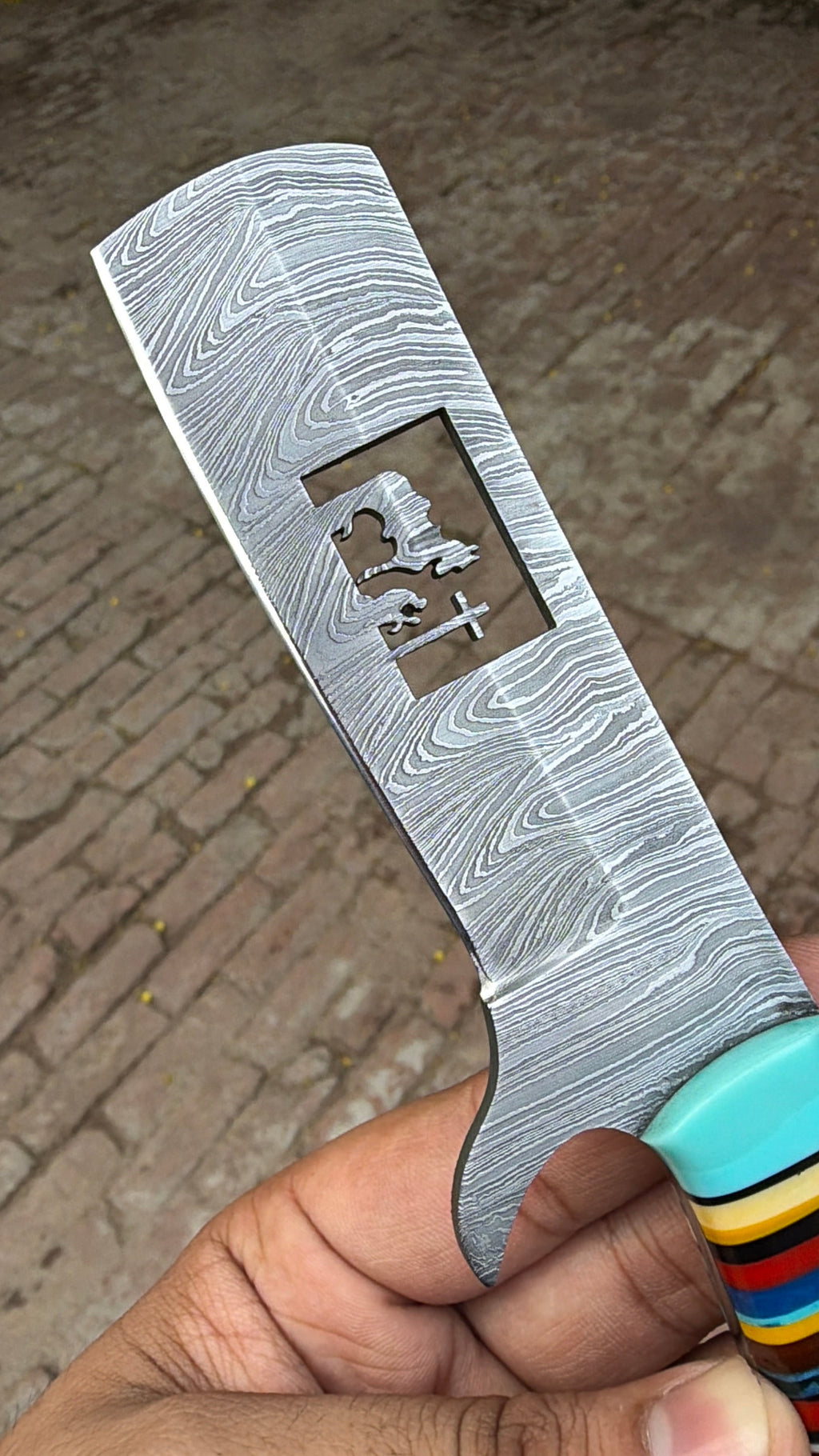 Damascus Bull Cutter Knife — Multi-Color Rainbow Resin Handle, Christian Cross Blade Engraving, Steel Bolster & Lanyard Hole