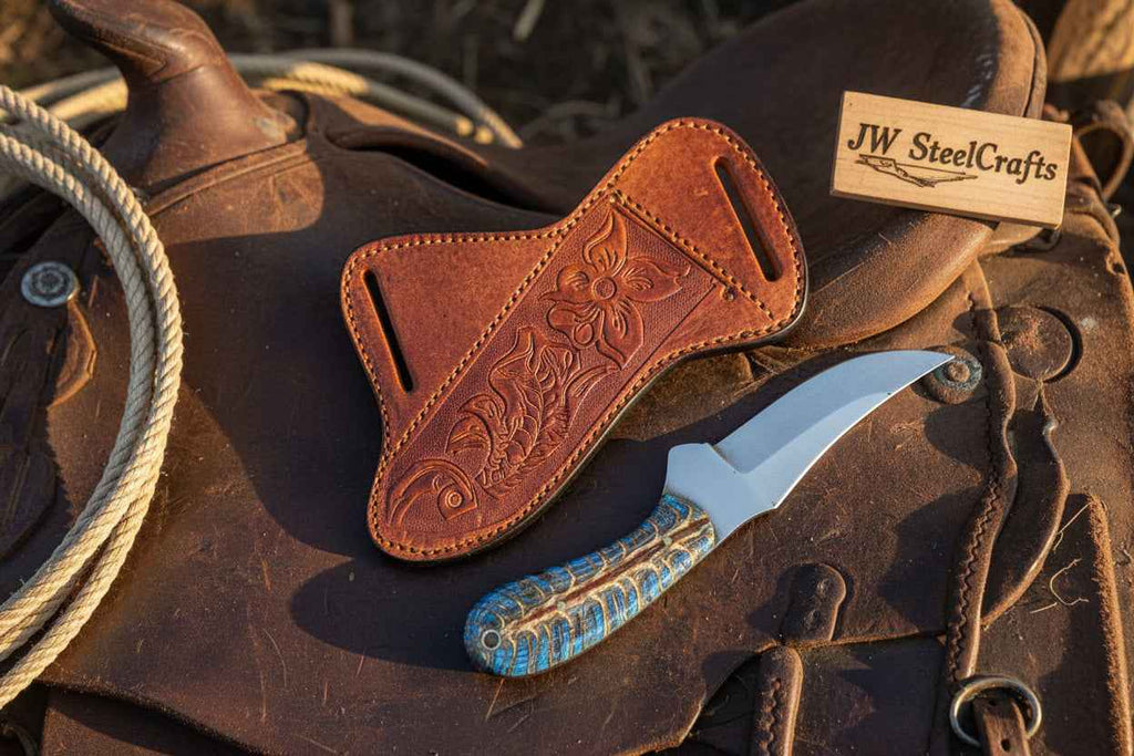 Antler Ridge Skinner Knife by JW SteelCrafts with 8-inch handmade Damascus blade and stag horn handle, suitable for hunting and skinning.