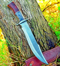 Handmade Damascus Steel Bowie Knife with rosewood and colored bone handle, steel guard, and leather sheath.