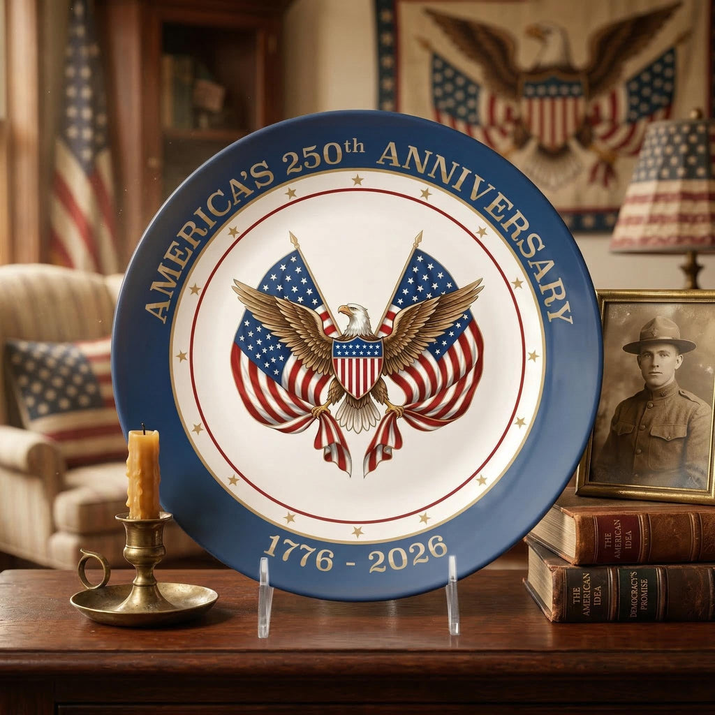 Proud Patriots America's 250th Anniversary 1776-2026 commemorative plate with patriotic design and historic inscription.