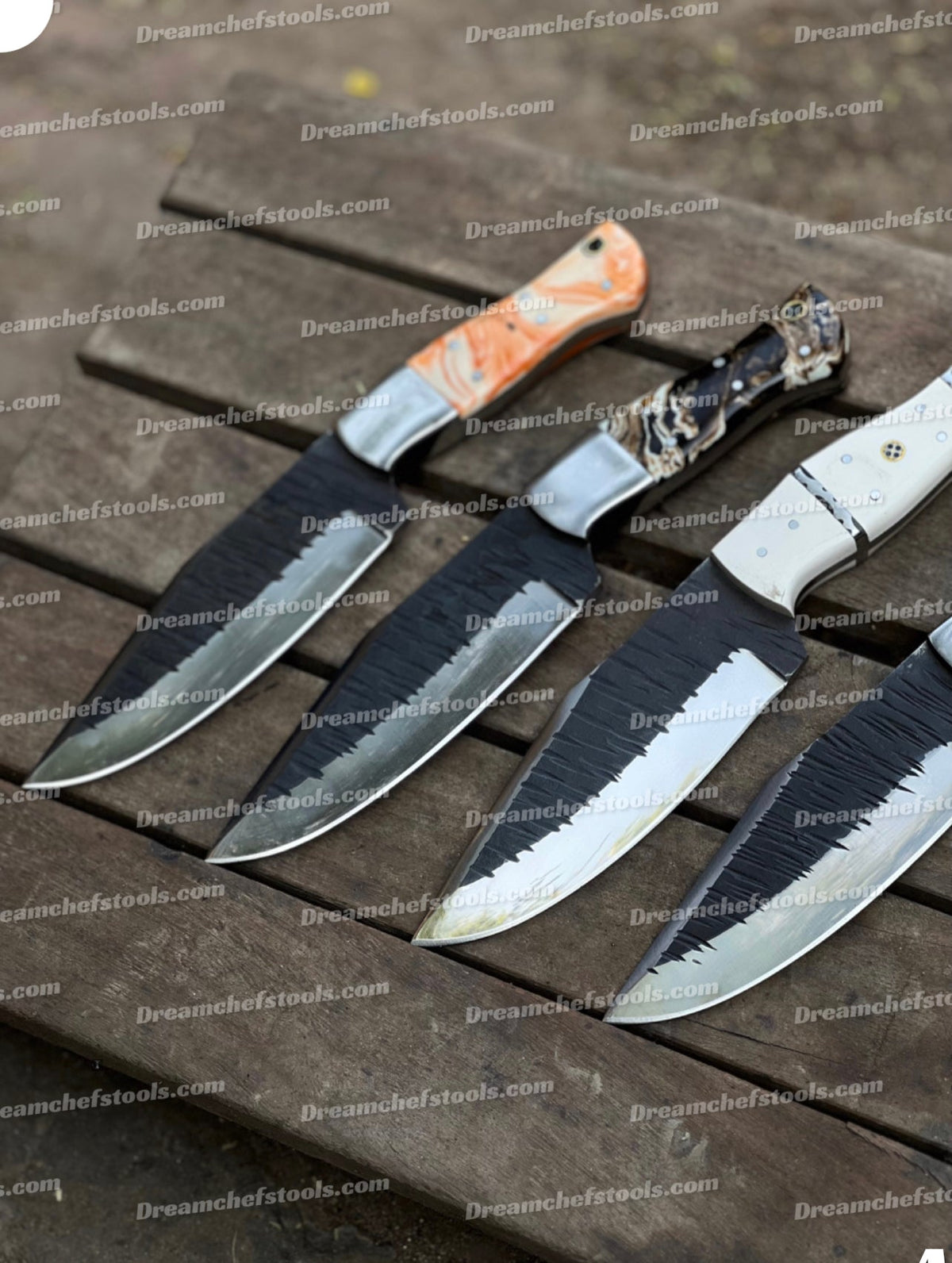 Custom handmade J2 steel hunting knife with a polished blade and leather handle from Knives Gear Garage.