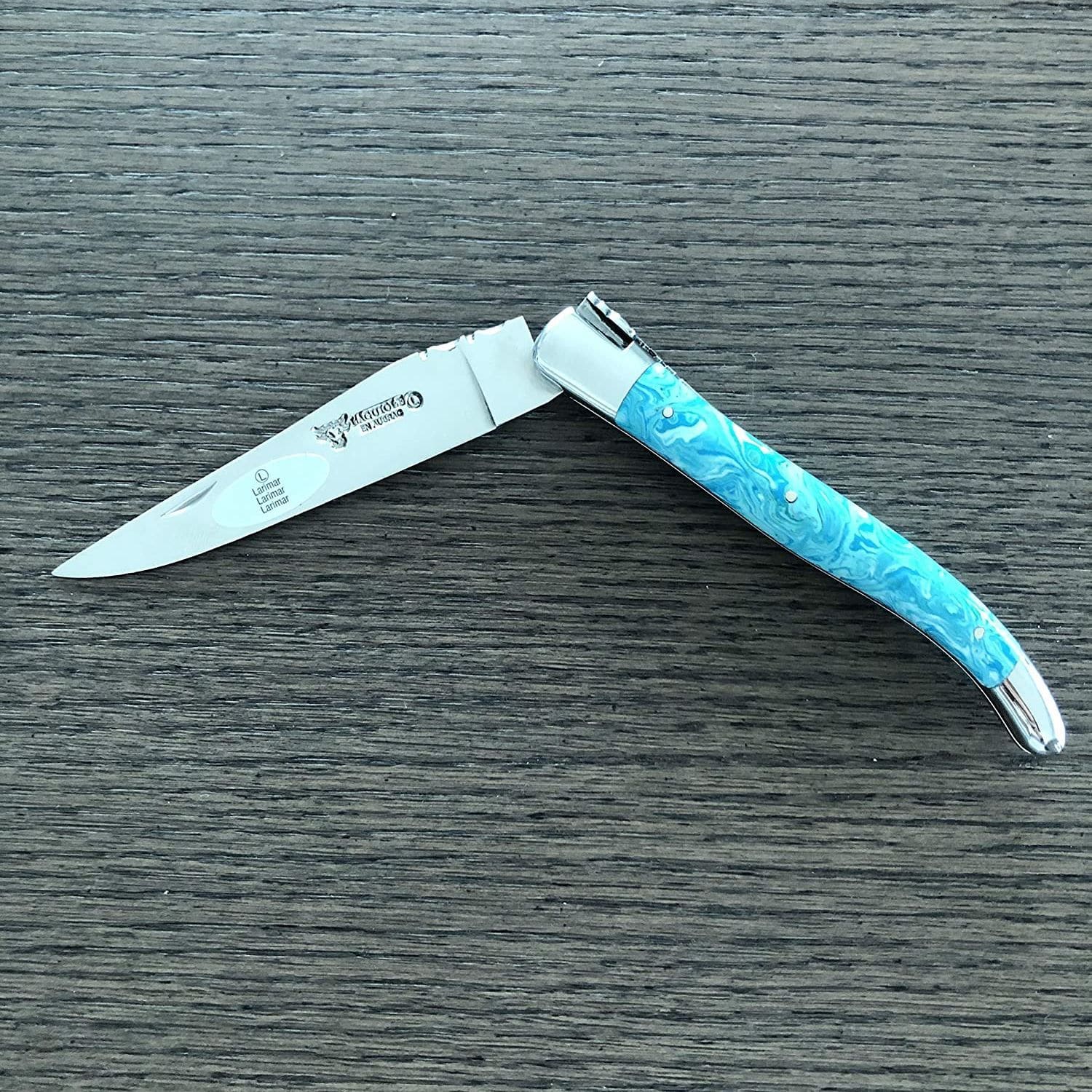 Laguiole en Aubrac Handcrafted Plates Multipurpose Knife with Shiny Bolsters, Larimar Handle, 4.75 inches