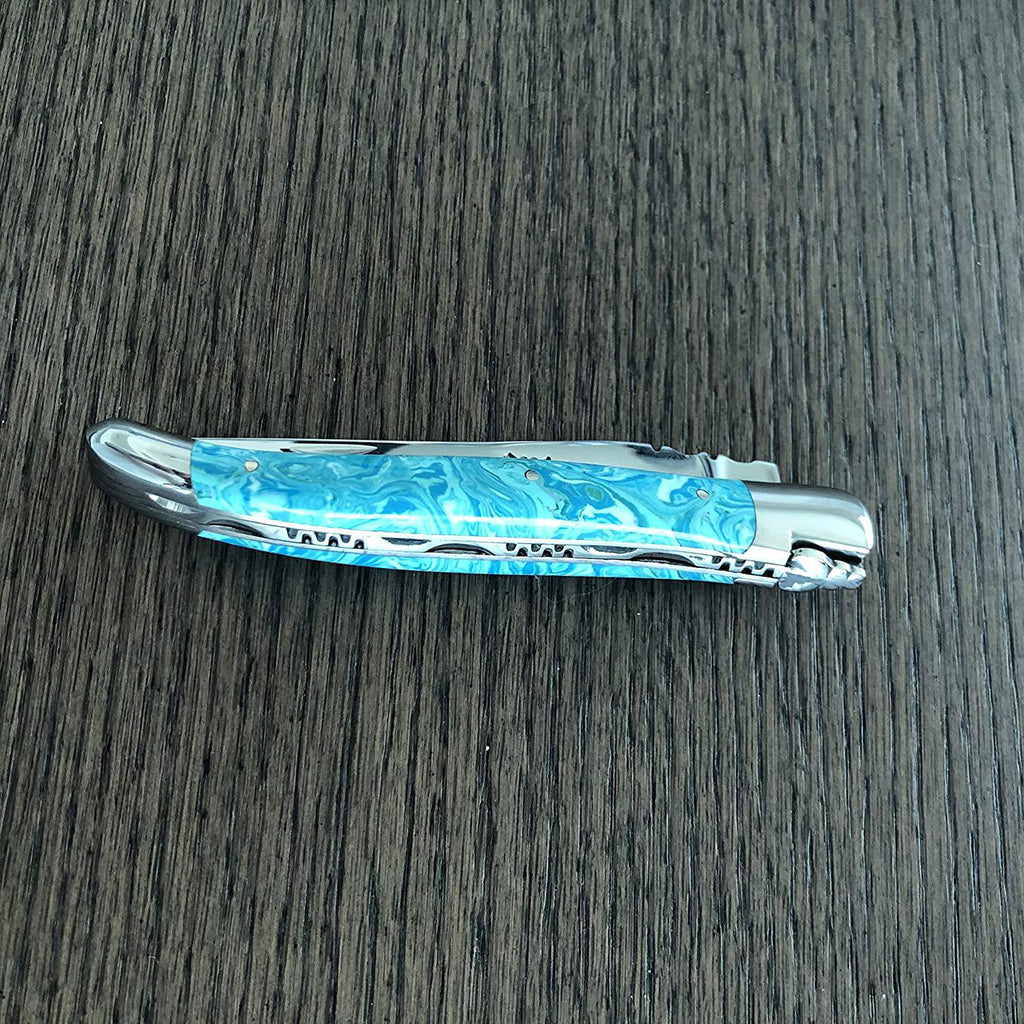 Laguiole en Aubrac Handcrafted Plates Multipurpose Knife with Shiny Bolsters, Larimar Handle, 4.75 inches