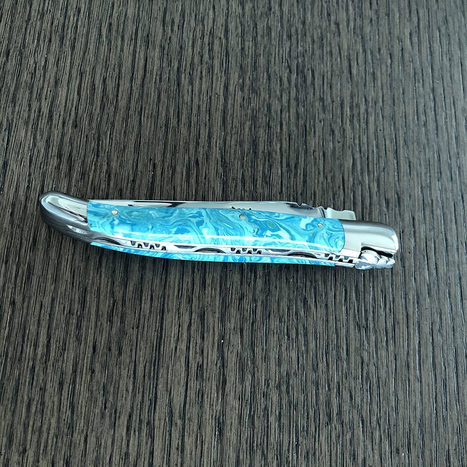 Laguiole en Aubrac Handcrafted Plates Multipurpose Knife with Shiny Bolsters, Larimar Handle, 4.75 inches