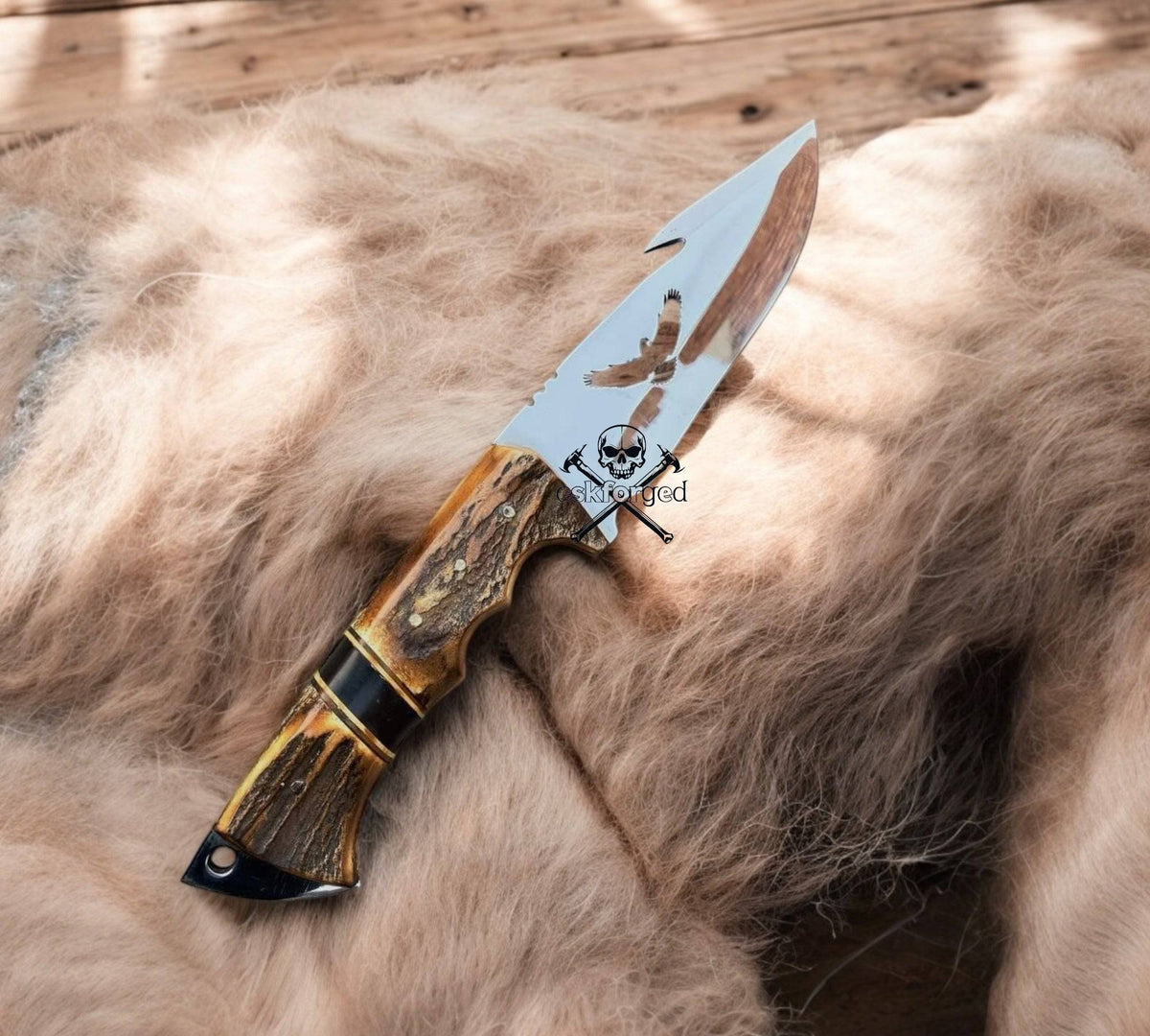 CSK Forged Eagle's Talon 11.5-inch full tang hunting knife with mirror polish blade and leather sheath, ideal for outdoor survival.