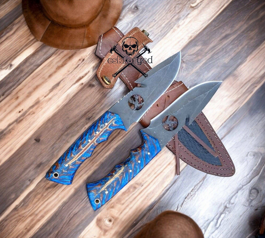 Cskforged deer hook knife set with acid wash blades and pinecone handle, ideal for hunting and outdoor use.