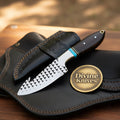 Rasp Turquoise Inlay Dark Wood Gut Hook Knife with Leather Sheath