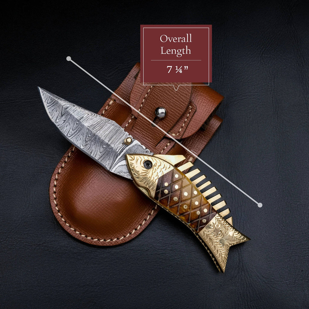 Damascus Steel Fish Folding Pocket Knife by CSKForged, 7-inch folding knife with intricate Damascus pattern, open with blade extended.