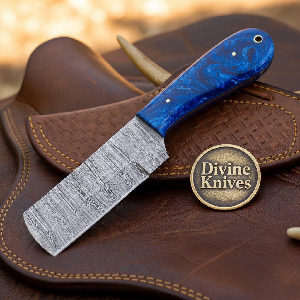 Hand-Forged Blue Resin Damascus Bull Cutter with Tooled Sheath