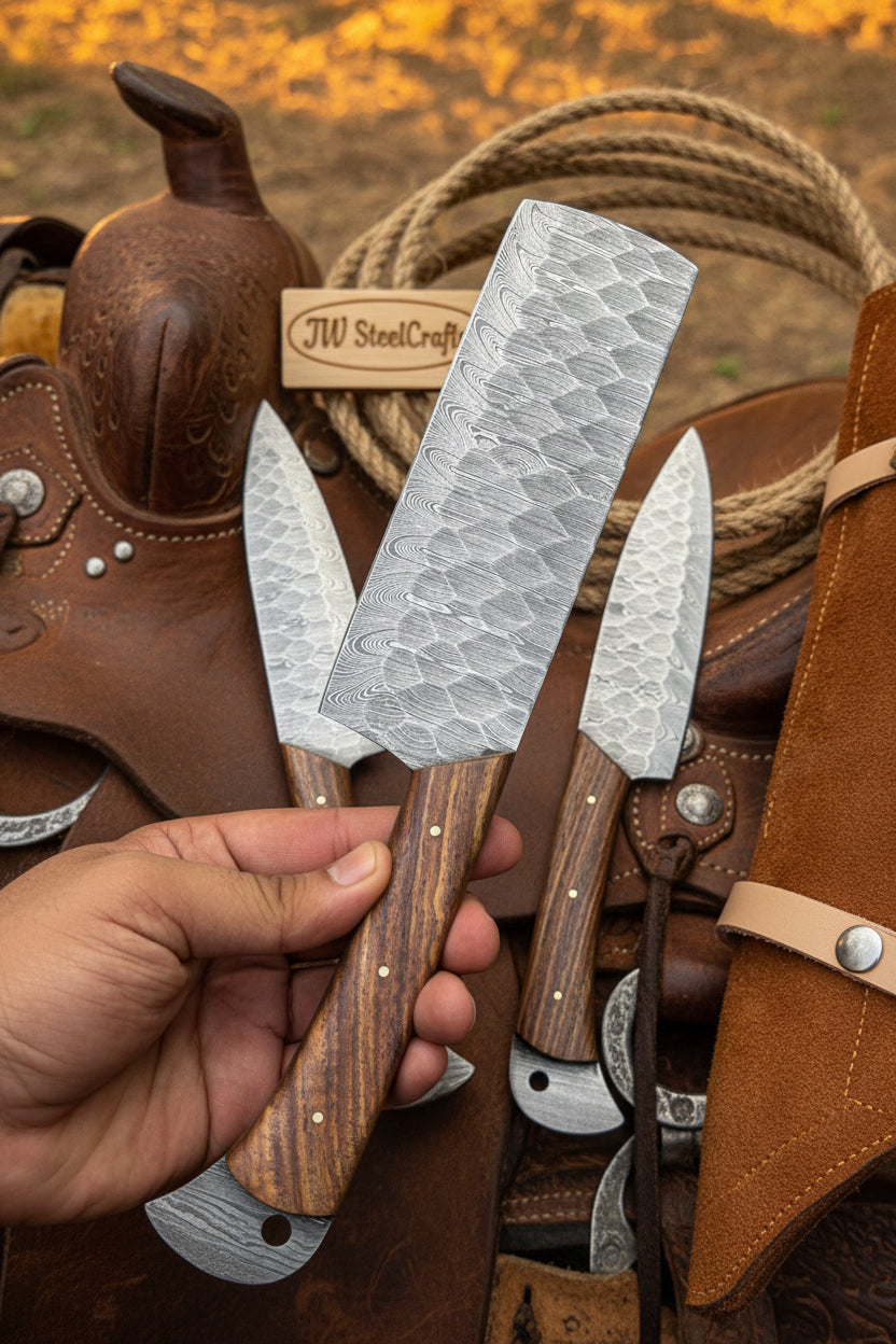Hand Forged Damascus Chef Knife Set, Natural Wood Handle, Full Tang Kitchen Knife Collection