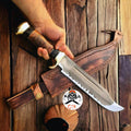 Cskforged D2 steel Crocodile Dundee hunting knife with acid-etched blade and ergonomic handle, suitable for outdoor use.