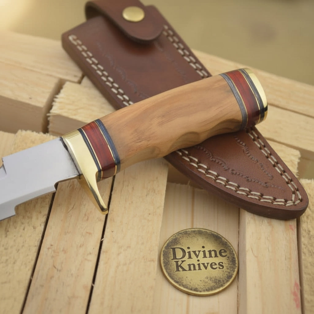Olive Wood Damascus Knife Accented with Red and Brass Rings