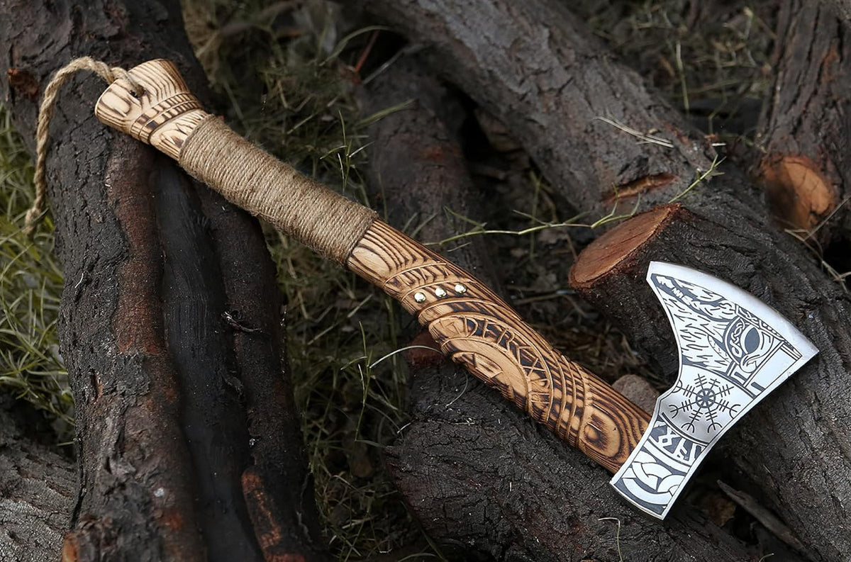 Handmade Viking axe hatchet with forged metal blade and wooden handle, ideal for splitting wood and outdoor use.