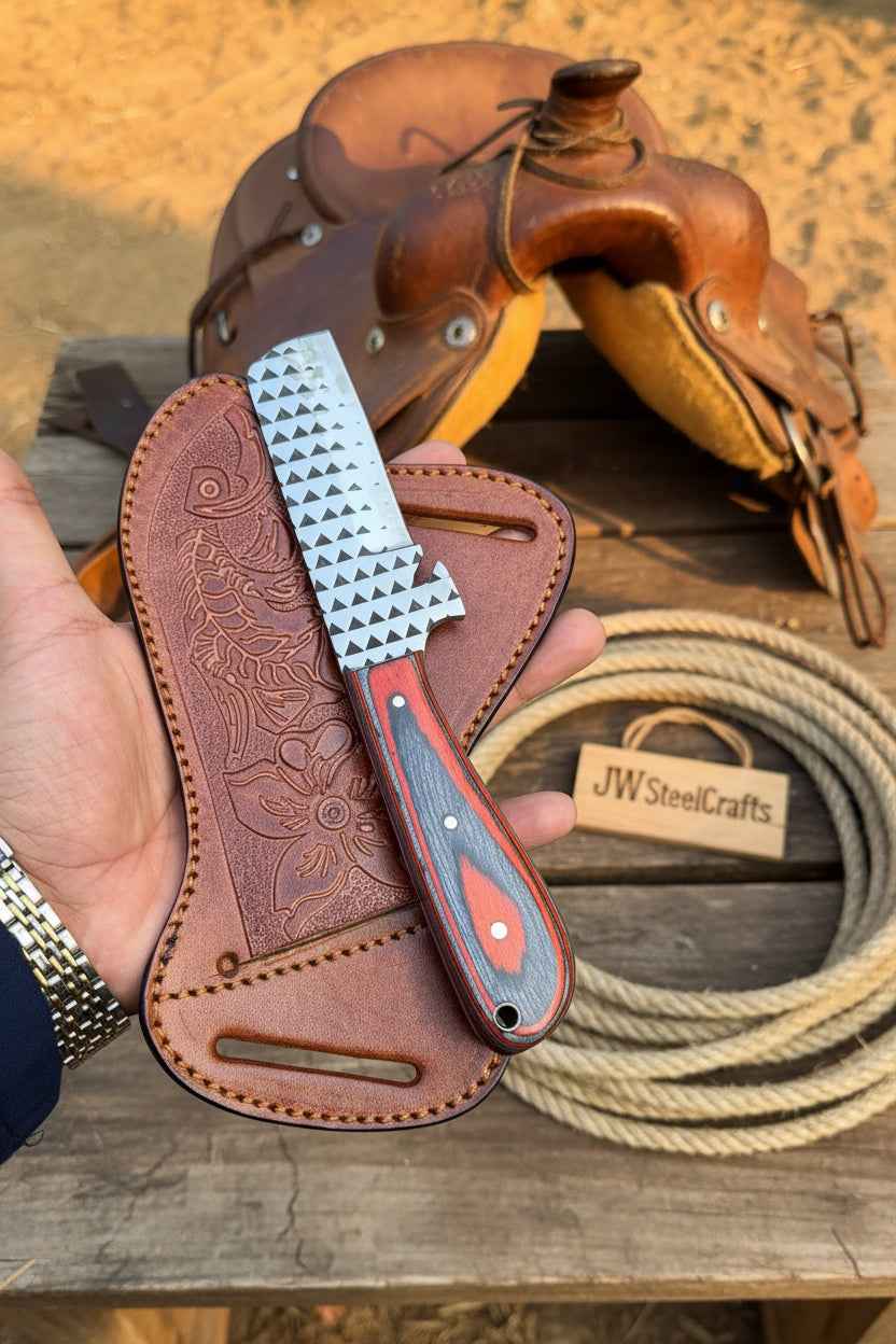 Skyvein Bull Cutter Knife set with 7-inch handmade carbon steel blades and resin handles, crafted by JW SteelCrafts.