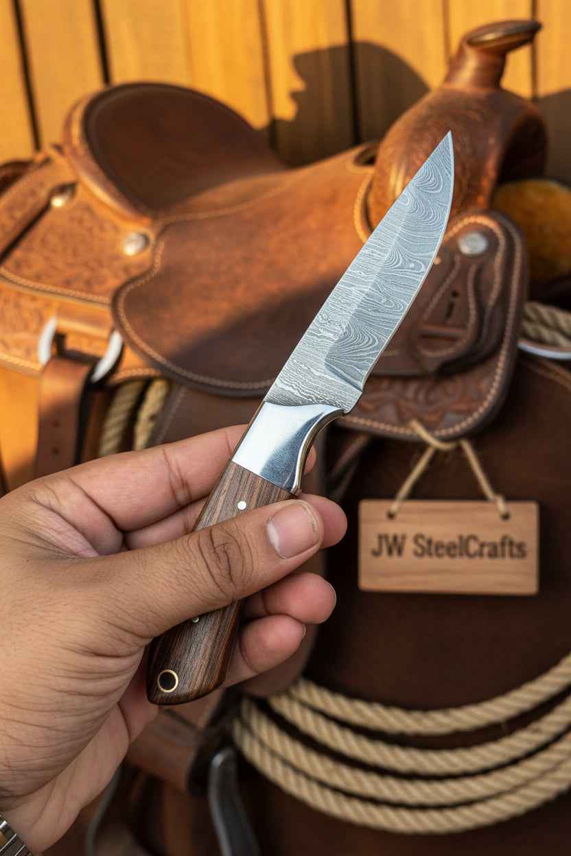 Darkwood Wide Skinner knife by JW SteelCrafts with a 7-inch Damascus blade and dark wood handle, displayed on a neutral background.