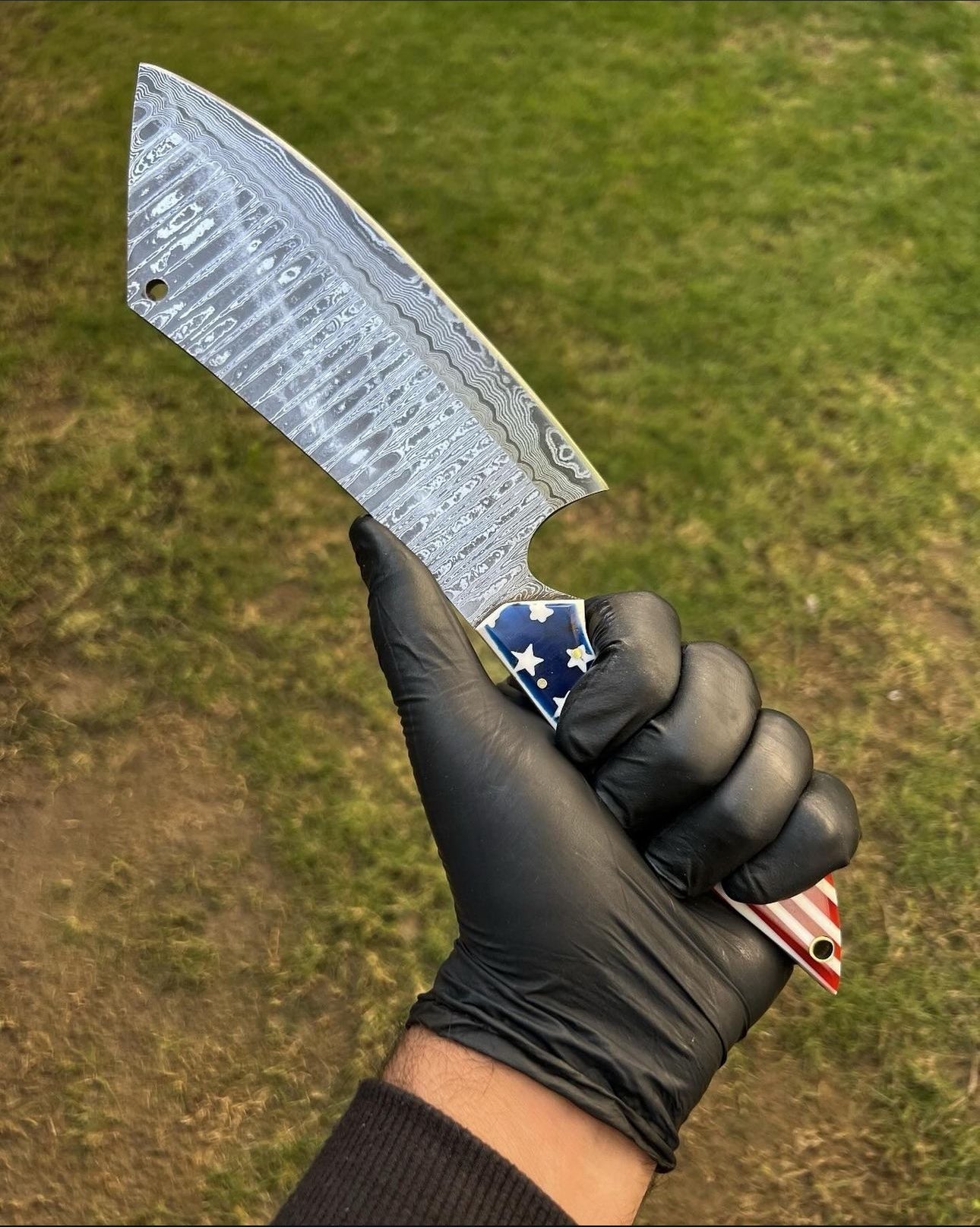 Japanese Damascus Cleaver – Texas Flag Handle with Leather Sheath