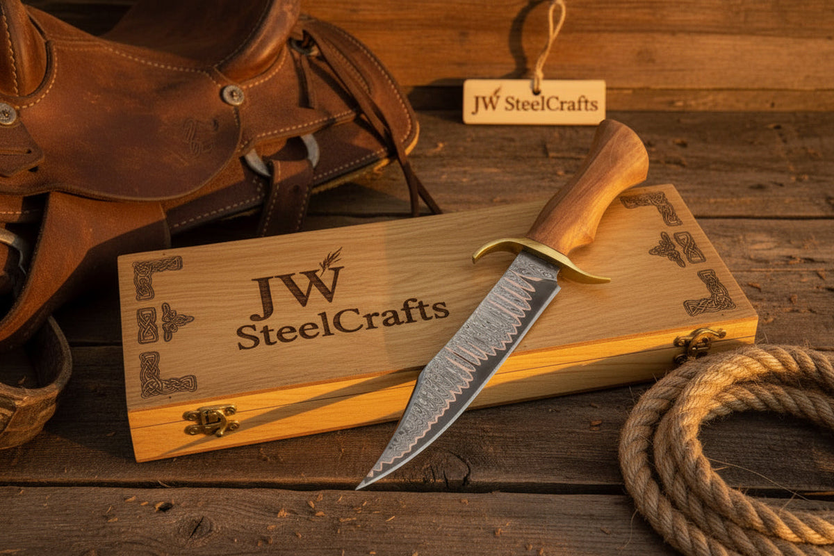 Timberland Trapper Bowie Knife with Damascus steel blade and wood handle - JW SteelCrafts