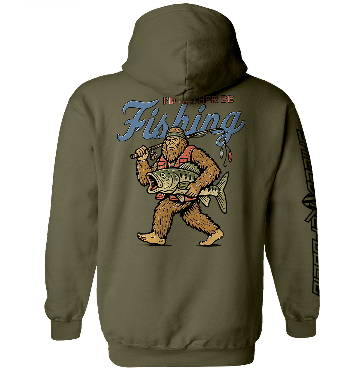 I'd Rather Be Fishing Bigfoot graphic olive green hoodie - Shield Republic