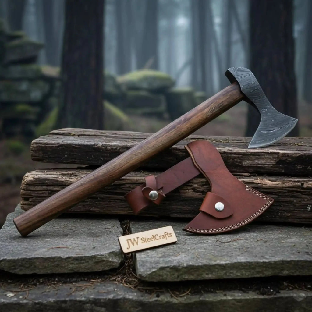Damascus Long Handle Camp Axe with Forged Bearded Head