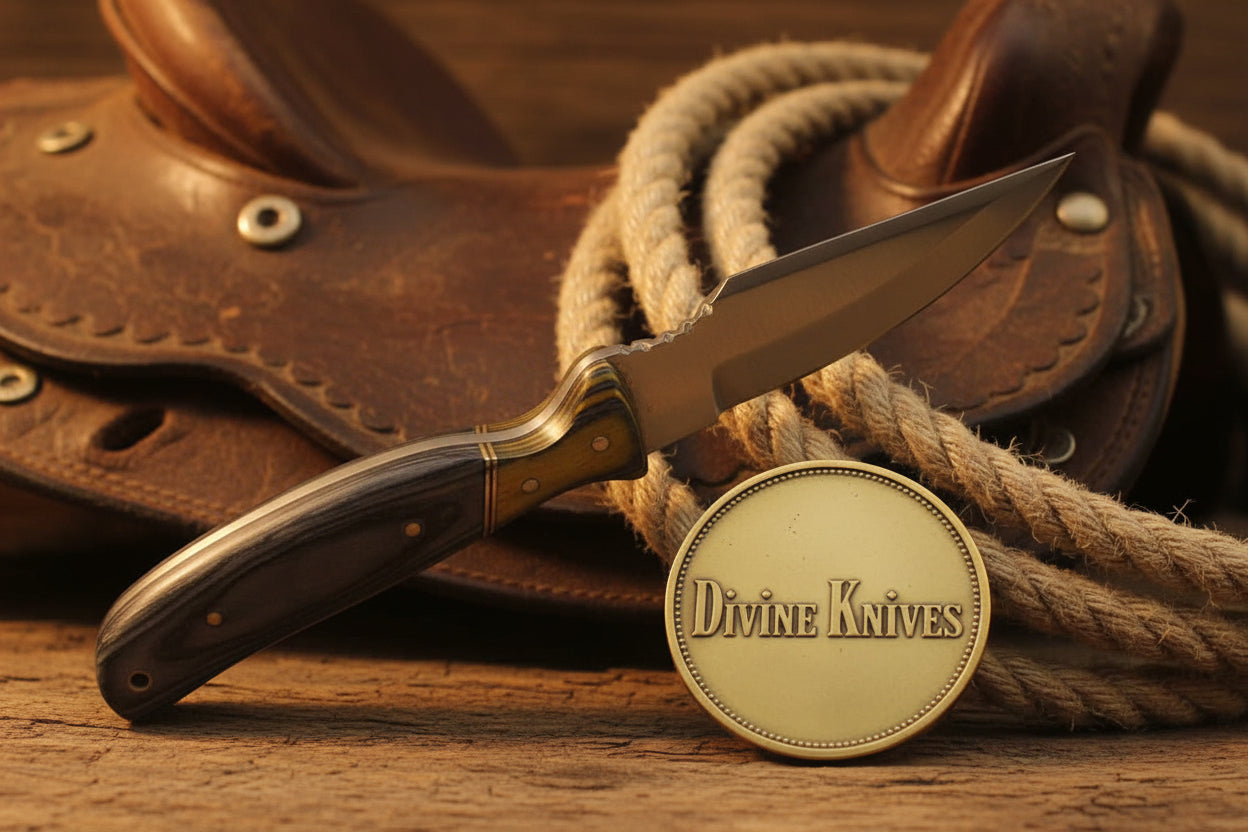 Yellow Accent Damascus Knife with Gray Wood Handle and Lanyard Hole
