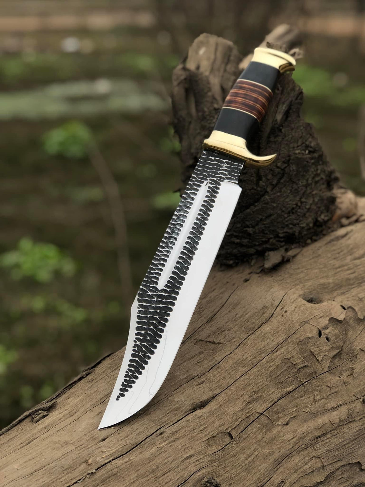 Hand-forged J2 Steel Bowie knife with brass guard and leather handle, 16-inch custom handmade knife by Knives Gear Garage