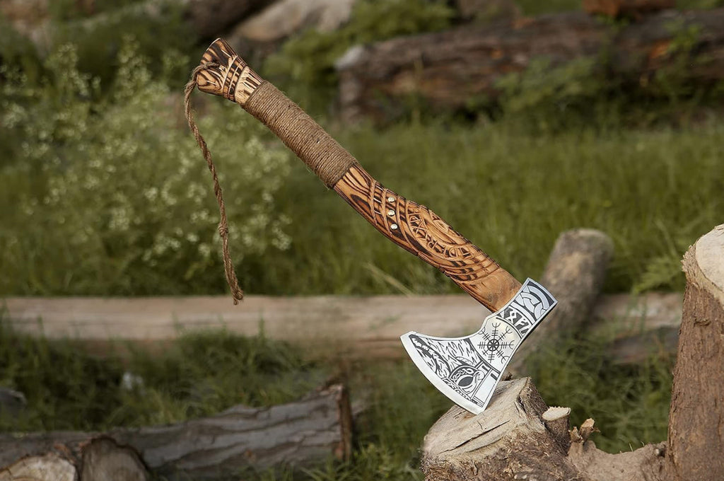 Handmade Viking axe hatchet by Knives Gear Garage, hand-forged wood splitting axe with wooden handle and sharp blade.