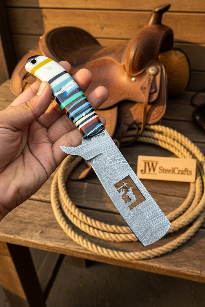 Damascus Bull Cutter Knife — Multi-Color Rainbow Resin Handle, Christian Cross Blade Engraving, Steel Bolster & Lanyard Hole