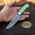 Green Damascus Drop Point Hunter with Mosaic Ricasso Pattern