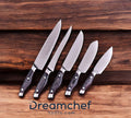 Premium J2 Steel kitchen knife set with 13-inch blades, pakkawood handles, steel bolsters, and a leather sheath included.