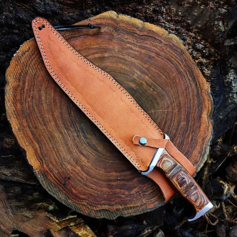Close-up of cskforged Rambo Knife with D2 steel blade, showcasing its rugged design and sharp edge, ideal for survival use.