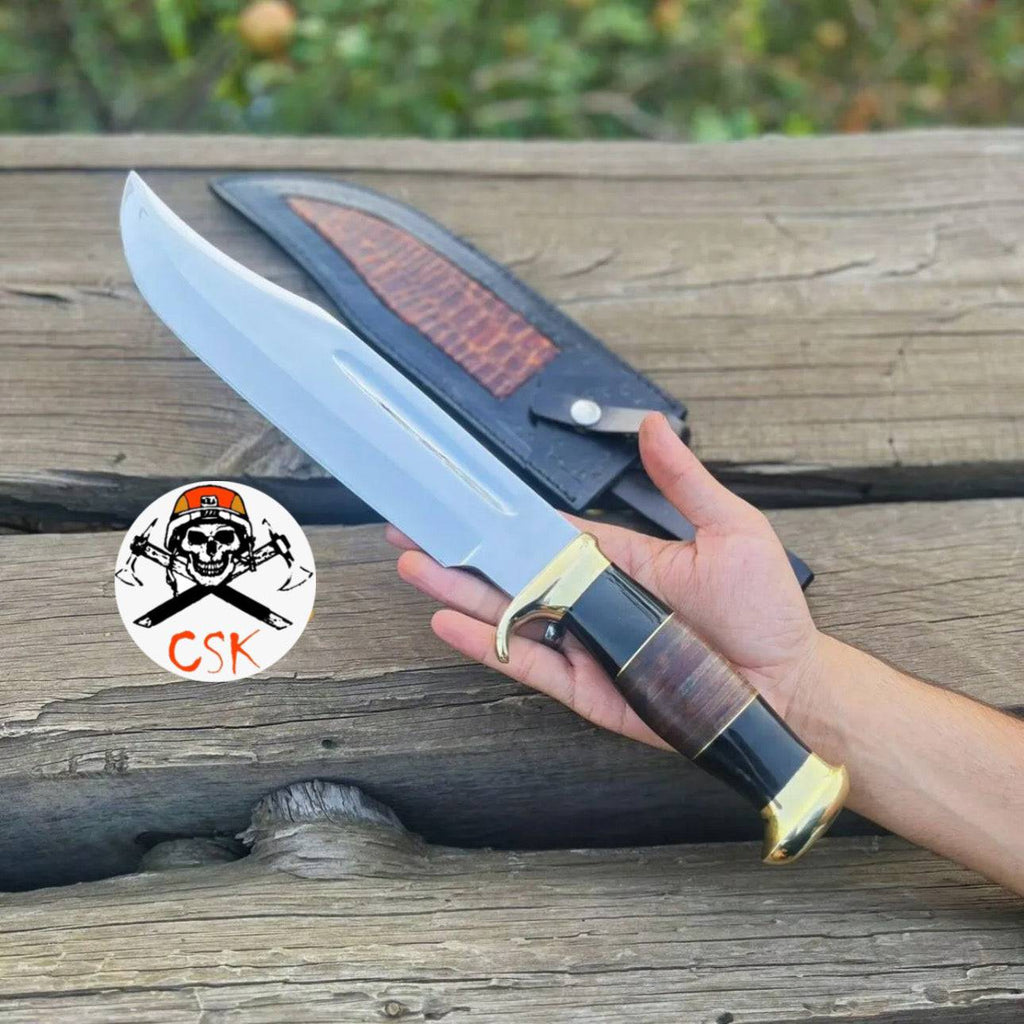 Crocodile Dundee Bowie Knife by cskforged, hunting knife with a detailed blade and leather handle, ideal for outdoor survival.