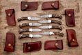 Handmade Damascus Steel Pocket Knife with Ram Horn Handle & Leather Sheath