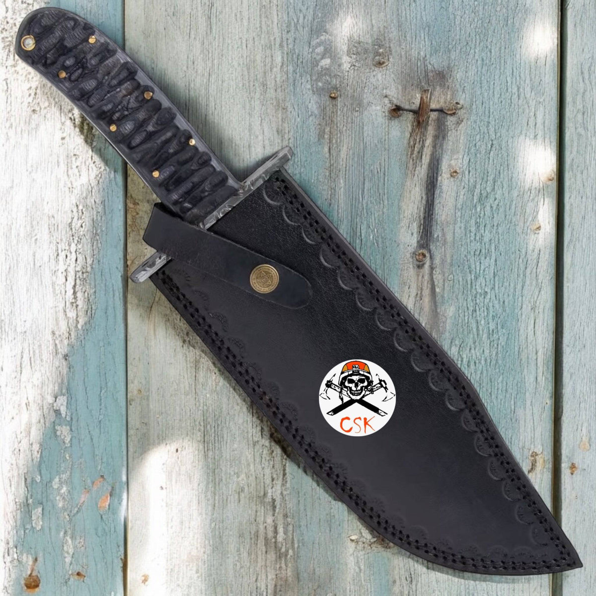Timber Wolf Shark Back Knife by cskforged with Damascus steel blade, wooden handle, lanyard hole, 15-inch length.