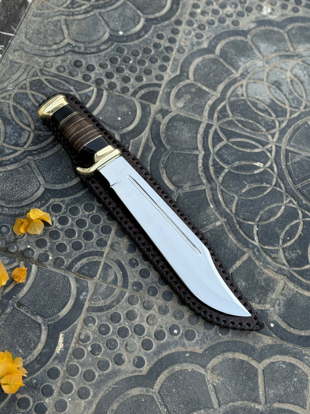 Custom handmade J2 steel Bowie knife with brass guard and leather handle, 16-inch knife from Knives Gear Garage.