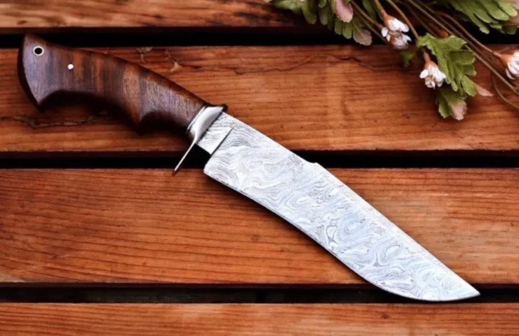 Custom Handmade Damascus Steel Bowie Knife with Steel Guard and Rosewood Handle, Includes Leather Sheath