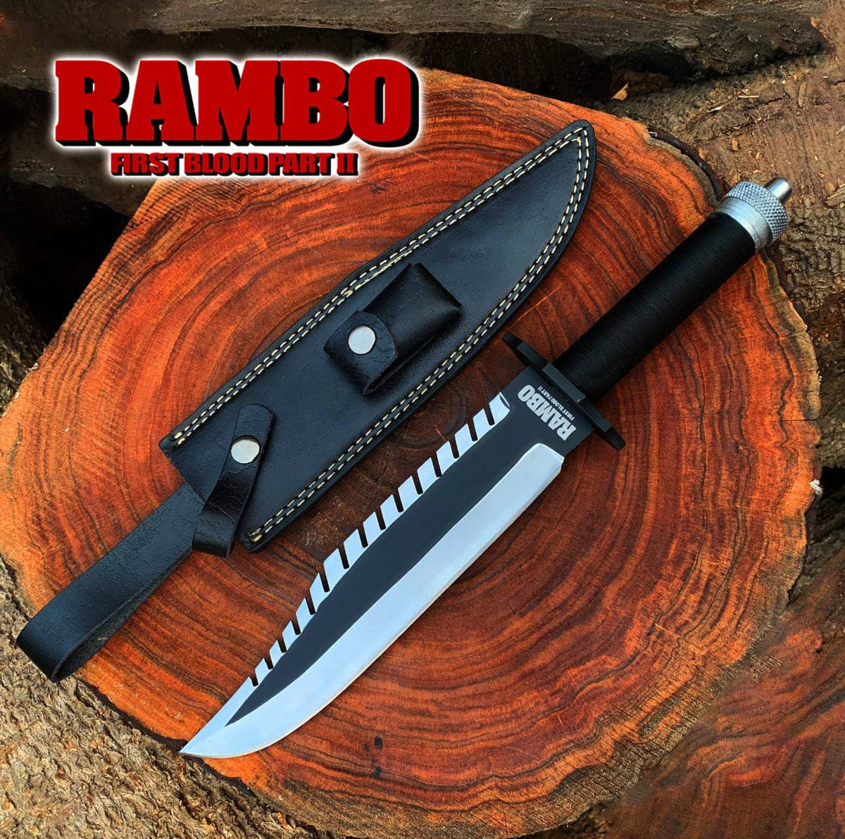Custom handmade Rambo knife replica from First Blood Part 2 by cskforged, featuring a detailed movie-themed knife design.