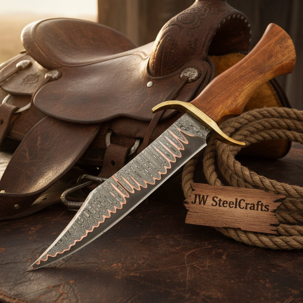 Timberland Trapper Bowie Knife 10 inch with Damascus steel blade and wood handle - JW SteelCrafts