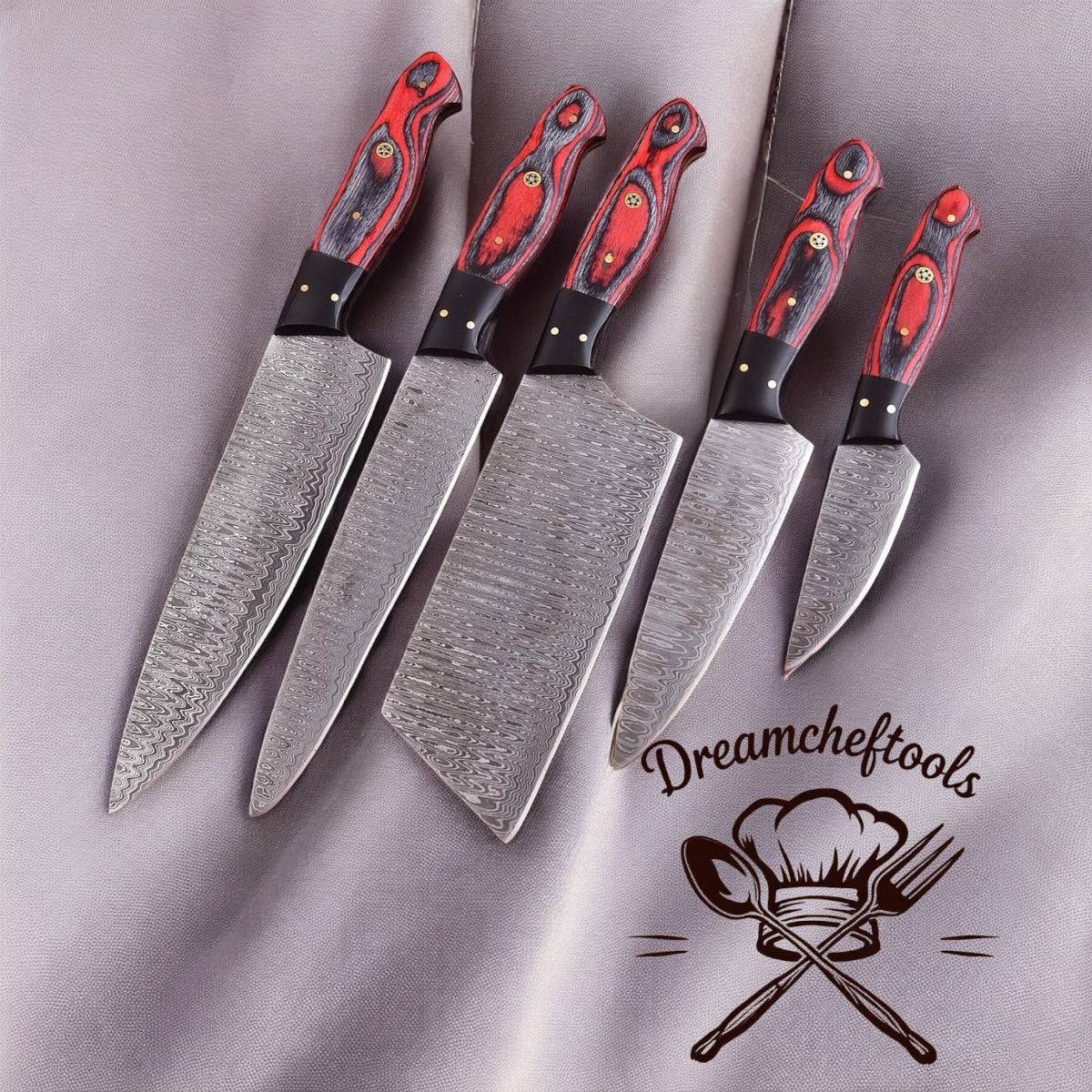 Handmade 13-inch Damascus steel chef knife with Pakkawood handle, resin bolster, and leather sheath from Knives Gear Garage.