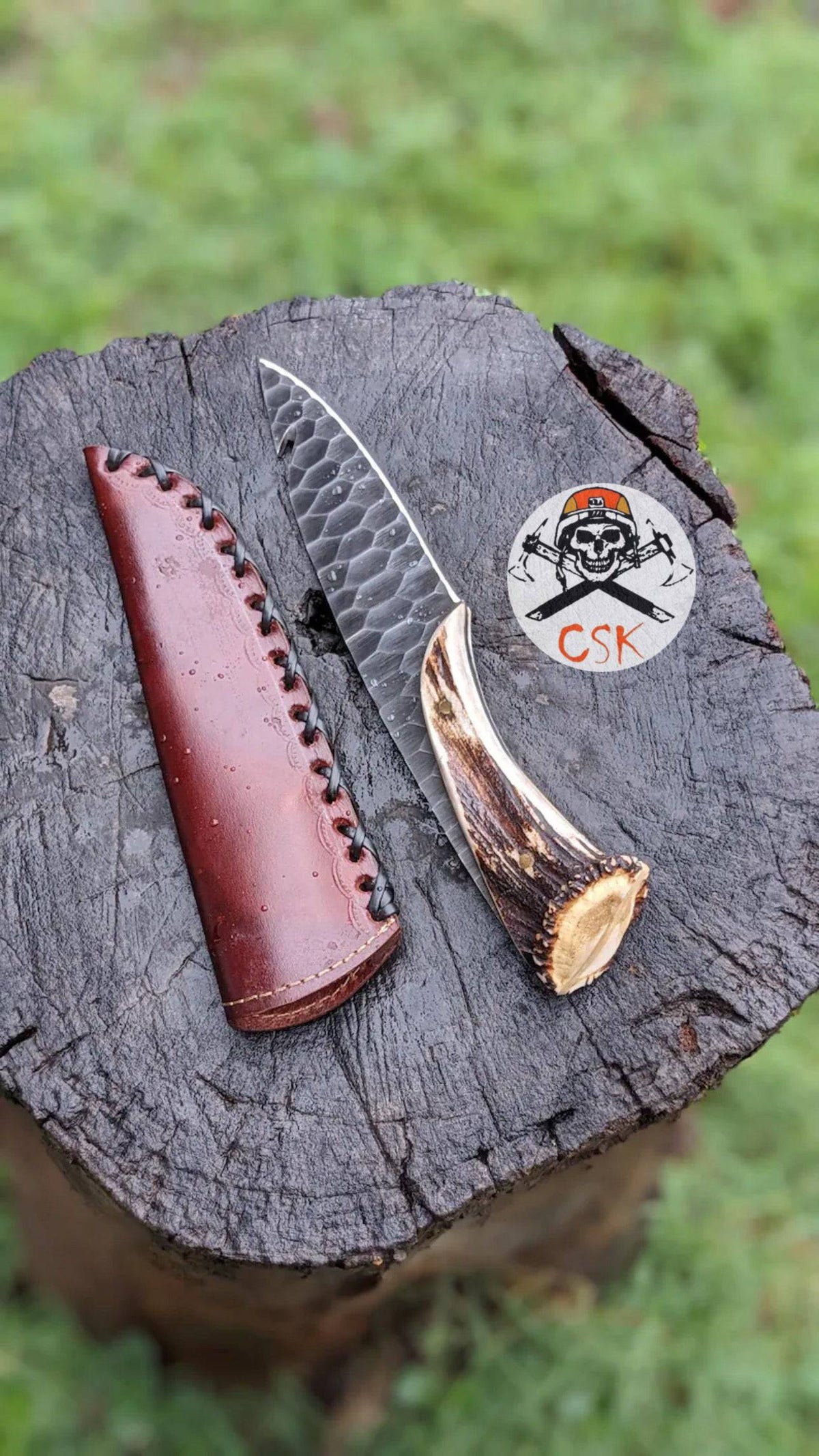 Stone texture hand-forged 1095 steel Viking hunting knife by cskforged with a vintage look and sturdy craftsmanship.