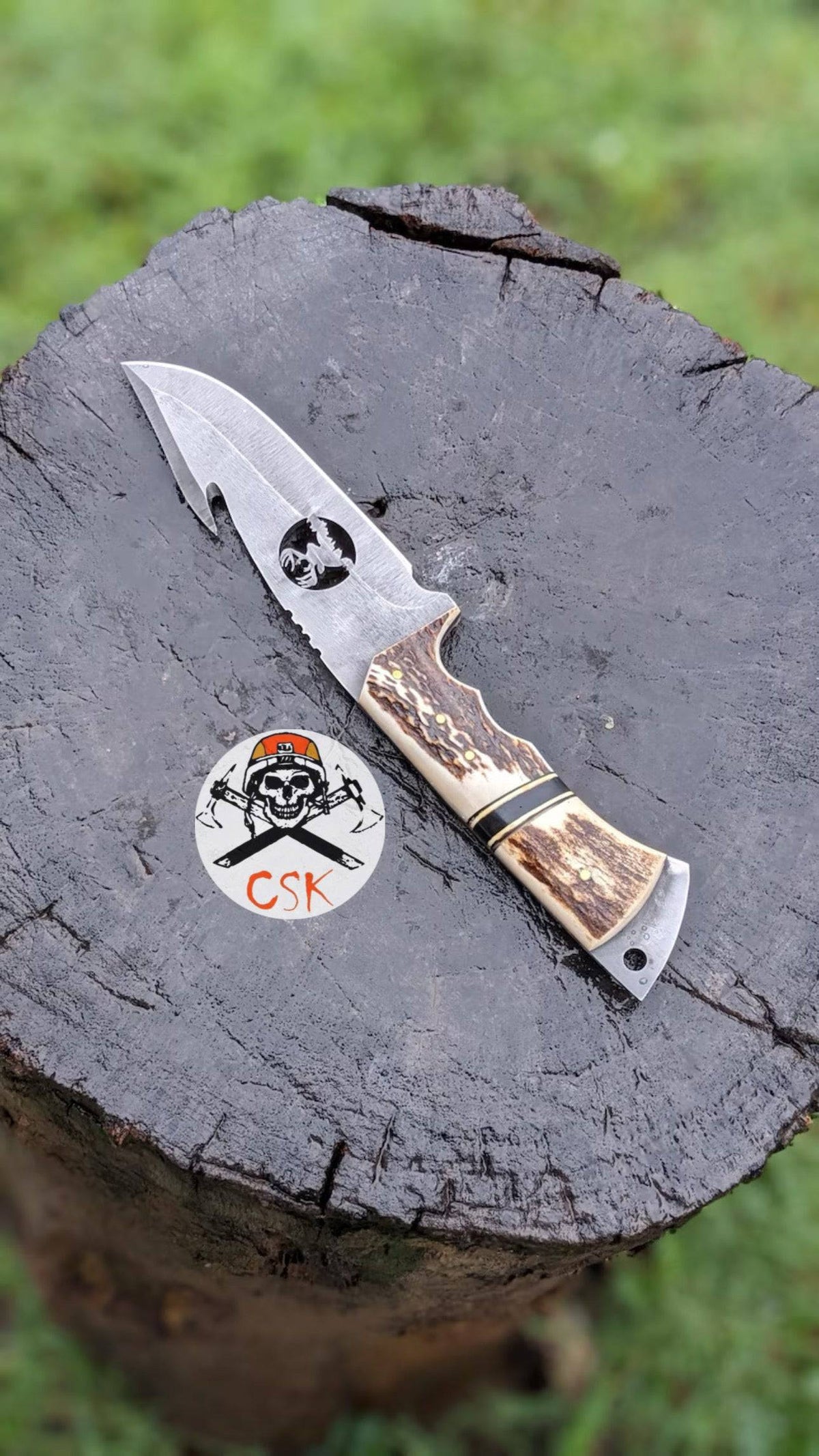 Handcrafted carbon steel hunting knife with antler handle by cskforged, designed for bushcraft and survival outdoor use.