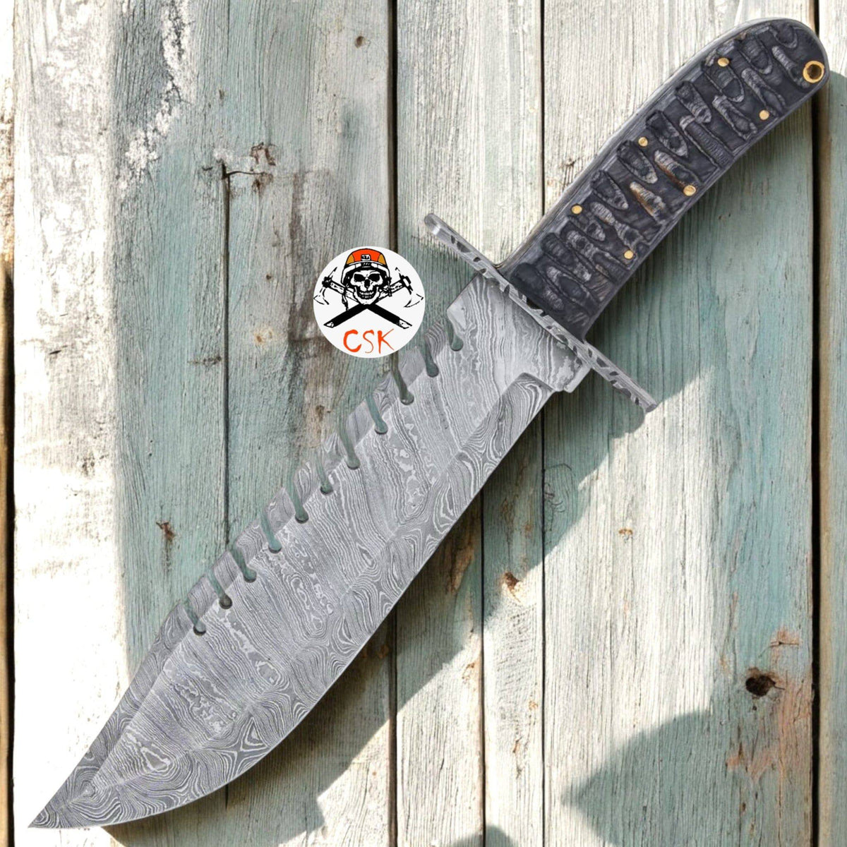 Timber Wolf Shark Back Knife by cskforged with Damascus steel blade, wooden handle, lanyard hole, 15-inch length, sheathed for safety.