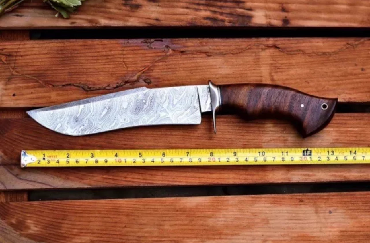 Custom Handmade Damascus Steel Bowie Knife with Steel Guard and Rosewood Handle, Includes Leather Sheath